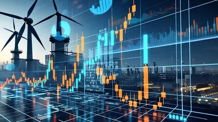 Renewable Energy Market Trends with Wind Turbines, Industrial Infrastructure, and Financial Data Analytics Overlay

 - Powered by Adobe
