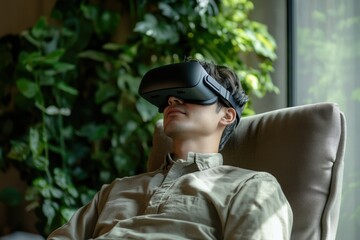 A man relaxes in a comfortable chair, immersed in a virtual reality experience.