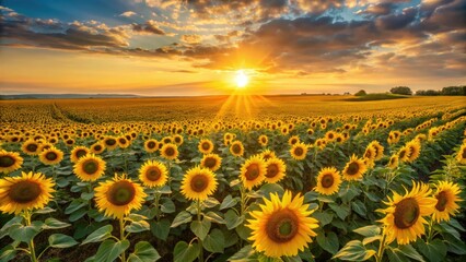 Fototapeta premium Golden hour sunlight bathes a breathtaking sunflower field, captured in high-resolution drone photography.