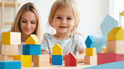 Mother and child playing with colorful building blocks in a bright room