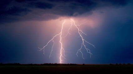 lightning in a stormy sky. Lightning strikes on a dark clouds background. Generative Ai