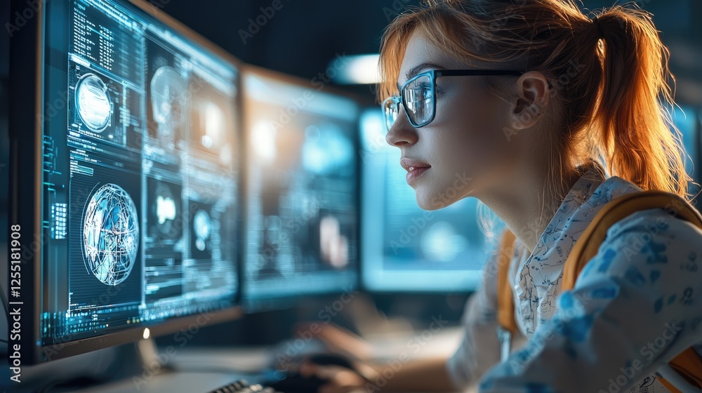 Poster Game developer designing 3D characters and environments on high-performance computers, surrounded by colorful concept art and immersive virtual worlds.