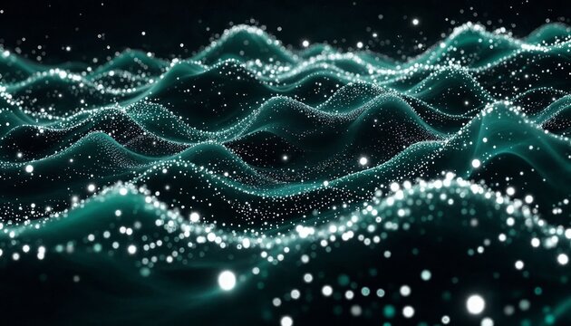 Abstract turquoise wave pattern with scattered white particles background