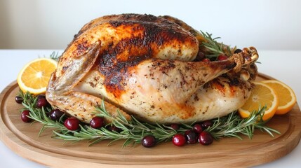 A close-up of a golden-brown roasted turkey garnished with rosemary, cranberries, and citrus slices on a wooden platter