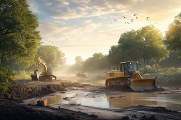 Excavators destroying a river environment. A Forest with animals in the background.