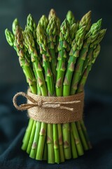 Fresh bundle of green asparagus stalks tied together with burlap string