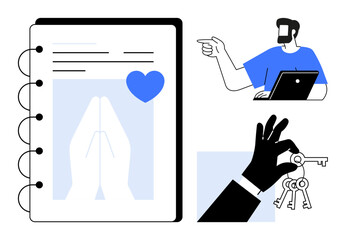 Notebook page with praying hands and heart symbol, man in blue shirt working on laptop, hand holding keys. Ideal for productivity, faith, motivation, security, technology, goal-setting business