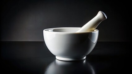 High-resolution studio shot: panoramic white ceramic mortar and pestle against a stark black backdrop.