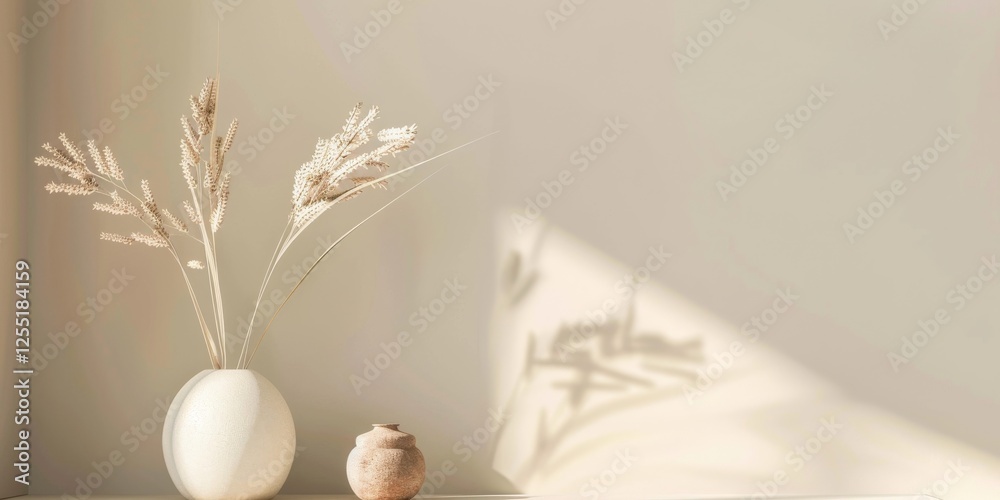 Poster a minimalist aesthetic featuring a light taupe backdrop, minimalist design elements arranged symmetr