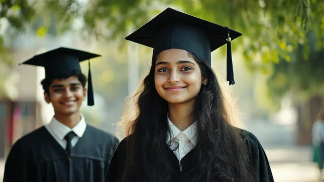Young indian people wearing graduation gown and caps while smiling in front of camera - Asian university students and diploma concept - Models by AI generative
