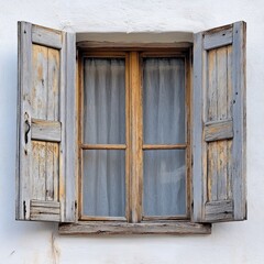 Weathered wooden window shutters, open, white wall background, sunlight