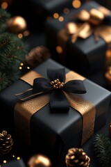 Elegant Christmas Decorations with Black and Gold Gift Boxes