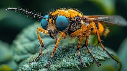 Fototapeta premium Close-up of a vibrant yellow and orange insect with striking turquoise eyes perched on a green leaf.