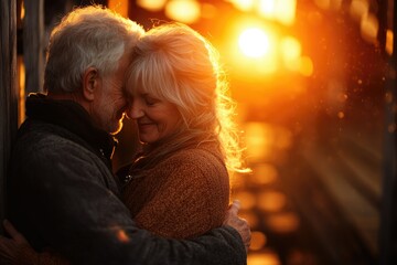 Golden sunset illuminates an elderly couple embracing, heads touching, showing love and companionship.