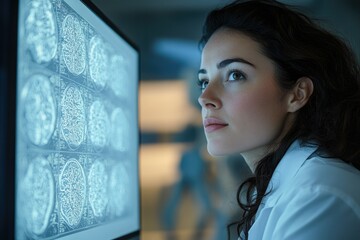 A female doctor attentively examines brain scans displayed on a large monitor, focusing on neurological details.