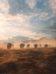 A herd of elephants marching across the dry savannah, kicking up clouds of dust.
