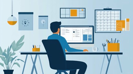 freelancer attending an online productivity workshop, implementing tips shared on the video call, a sleek desk setup with task planners and smart gadgets