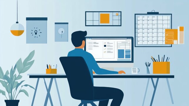 freelancer attending an online productivity workshop, implementing tips shared on the video call, a sleek desk setup with task planners and smart gadgets