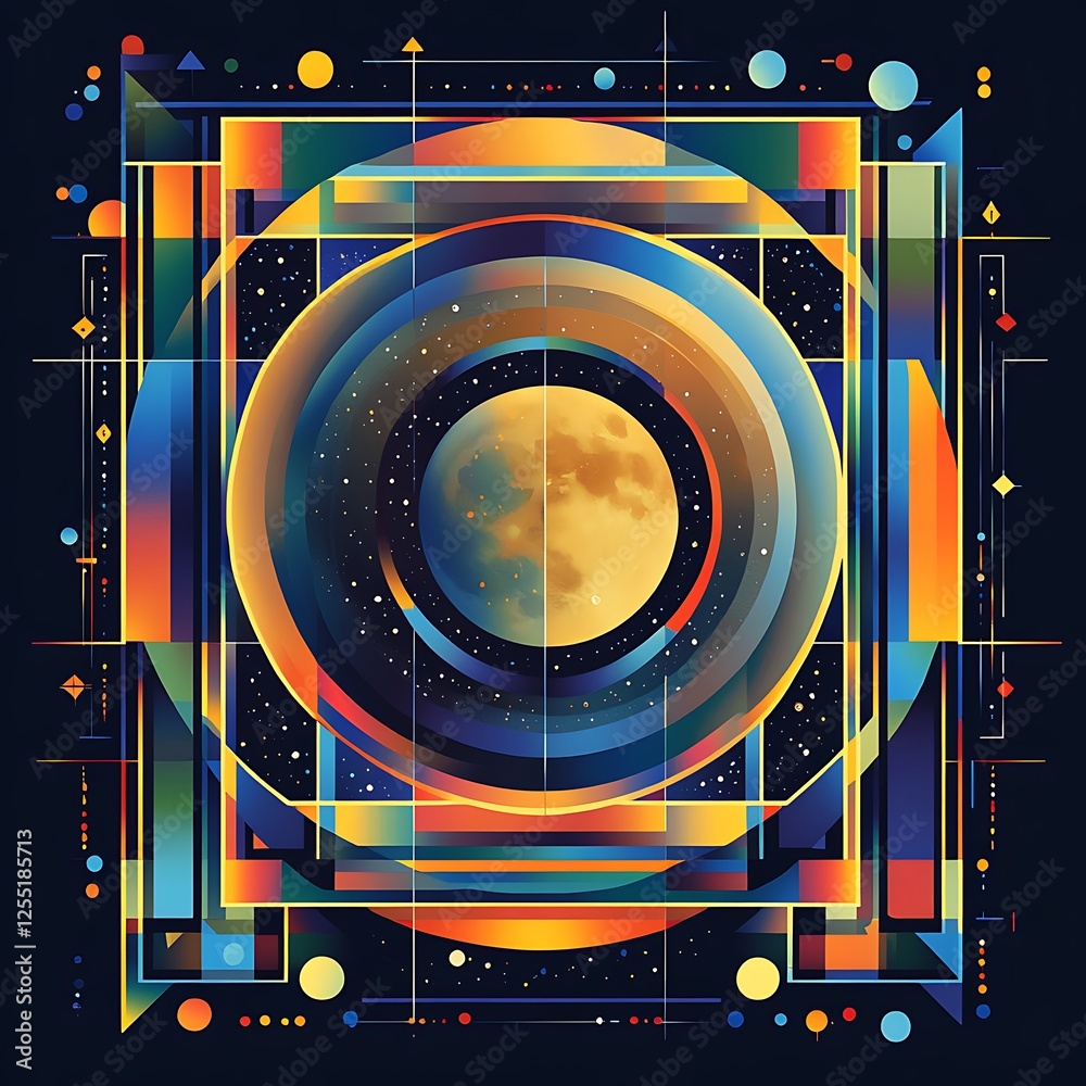 Poster abstract geometric moon in space; graphic art; possible use in posters, covers, or digital design