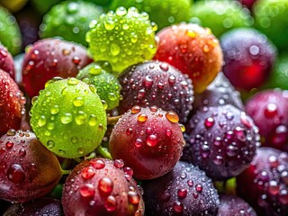 Luscious red and green grapes gleam, water droplets clinging, perfectly composed using the rule of thirds.