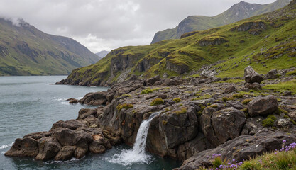 Fototapeta premium Small waterfall flowing into mountain lake.