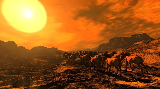 A herd of wild asses navigating rocky desert terrain under a burning sun.