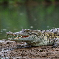 Fototapeta premium american alligator in the everglades open mouth in the ground