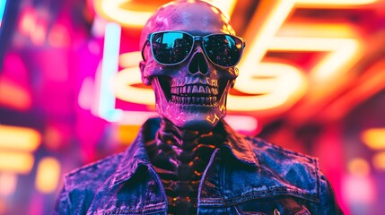 Stylish skeleton wearing sunglasses and a denim jacket