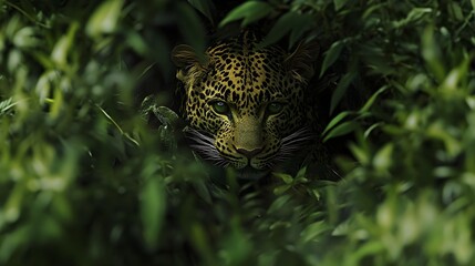 Obraz premium A hidden leopard stalking its prey through dense vegetation, perfectly camouflaged.