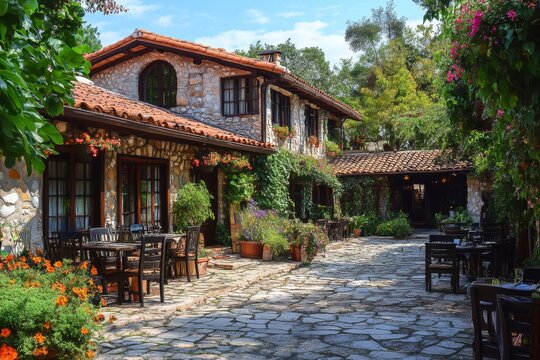 Rustic outdoor cafe with tables and chairs surrounded by greenery