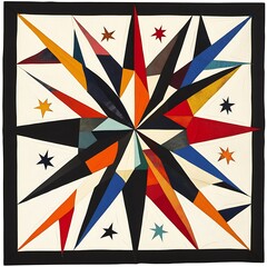 Abstract geometric starburst quilt, vibrant colors, decorative