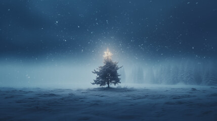 Sapin perdu au milieu de nulle part. Ambiance sombre, nostalgie. Paysage enneig&eacute;, de nuit. P&eacute;riode et saison hivernale. Noel, hiver, neige, froid. Pour conception et cr&eacute;ation graphique.