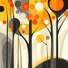 Abstract Autumn Forest, colorful trees, stylized landscape, background art, digital painting