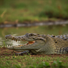 Fototapeta premium american alligator in the everglades open mouth in the ground