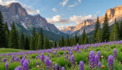 Alpine meadow with purple wildflowers and mountain peaks.