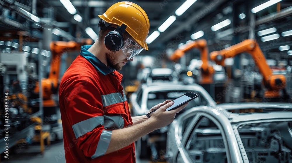 Poster in a bustling automotive plant, an engineer monitors real-time factory performance on a digital tabl
