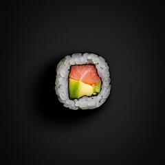 Sushi roll with salmon and avocado on a black background. Generative AI