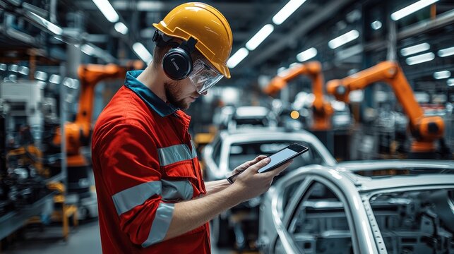 In a bustling automotive plant, an engineer monitors real-time factory performance on a digital tablet while robotic arms assemble car frames in the background.