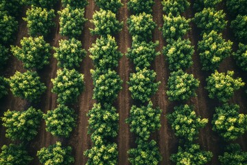 Fototapeta premium Farm with vertical rows of crops and a natural backdrop