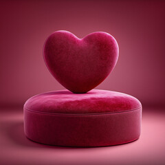 Luxurious velvet podium for product presentation with heart-shaped decor for Valentine’s Day
