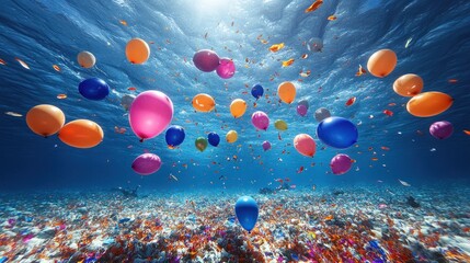 Fototapeta premium Colorful balloons floating underwater in a coral reef filled with fish. Underwater party.