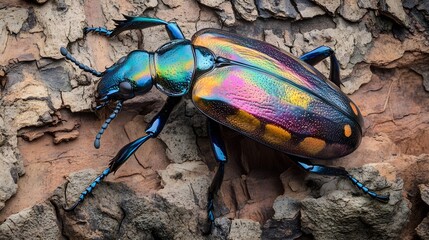 Fototapeta premium A jewel-toned beetle crawling across a rough tree bark.