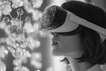 Woman in VR headset explores a molecular structure visualization, a futuristic blend of science and technology.