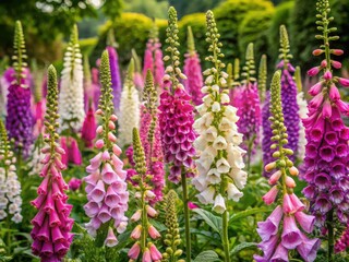 Fototapeta premium Pink, purple, and white foxgloves bloom vibrantly in a lush summer garden.