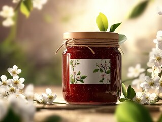 Delicious homemade jam with fresh spring flowers, creating a beautiful still life