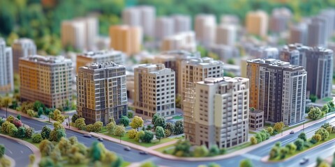 Fototapeta premium Miniature urban model showcasing modern buildings and green spaces. Generative AI