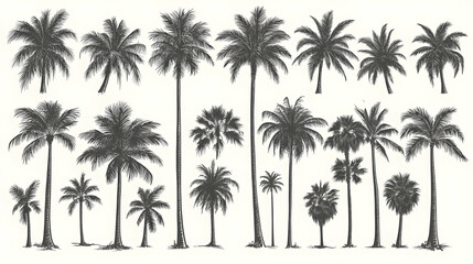 Tropical palm trees sketch collection, white background