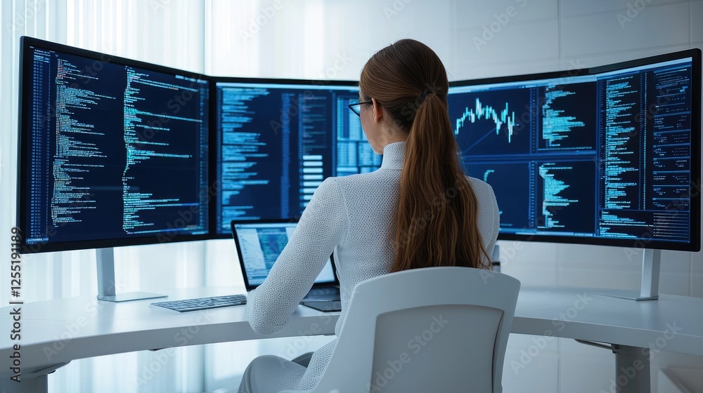 Poster In a minimalistic office, a tech-savvy female developer writes blockchain smart contracts while multi-screen monitors display real-time transaction data and cryptographic functions.