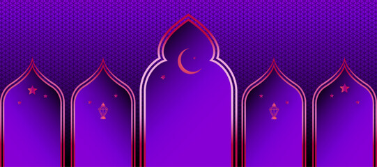 Islamic banner background | Islamic background for Eid banner, Ramadan banner,card,greeting,flyer,decoration | Elegant modern abstract background with pattern,star,moon,light with violet background