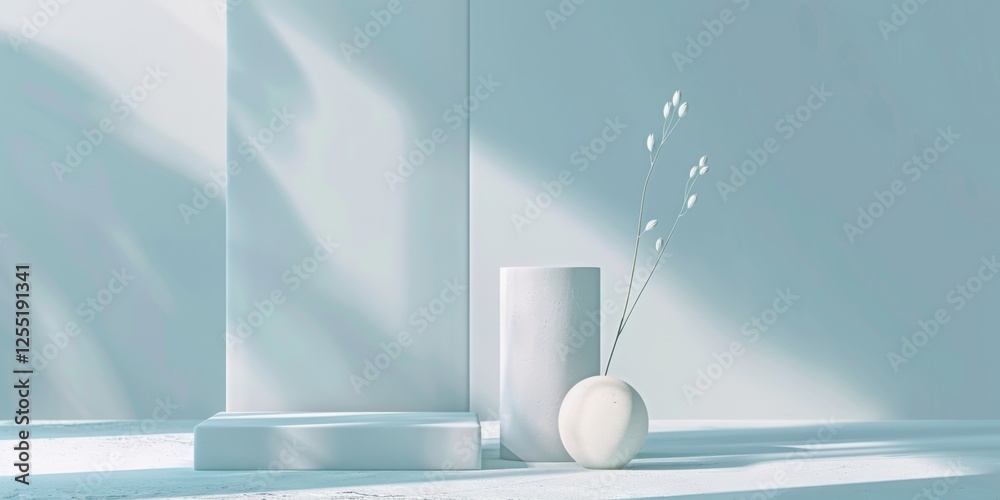 Poster a minimalist aesthetic featuring a soft ice blue backdrop, minimalist design elements arranged symme